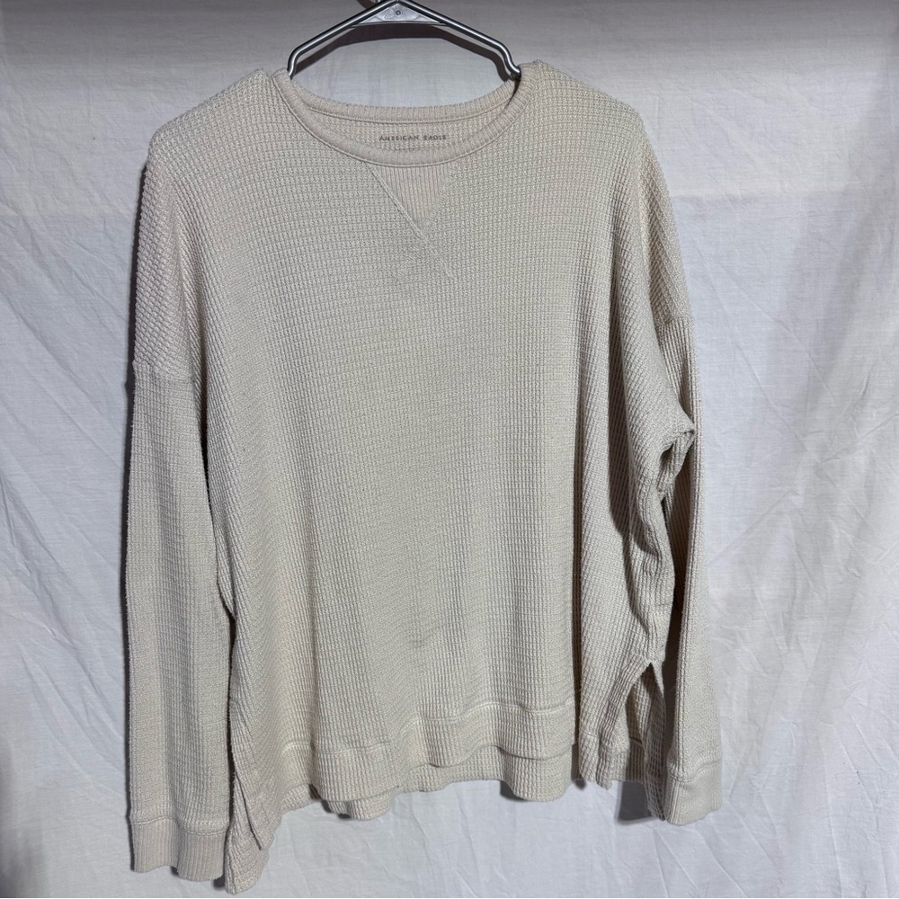 American Eagle cream waffle knit split hem henley top Size Large